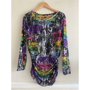 Rouge Collection Y2K Graffiti Long Sleeve Mesh Bodycon Top Size 1X Festival